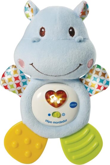 Музикална плюшена гризалка и дрънкалка за хипопотам VTech- HIPO помага за успокояване и облекчаване на вашето бебе със сладки фрази, песни и мелодии, синьо